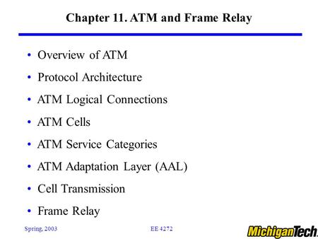 EE 4272Spring, 2003 Chapter 11. ATM and Frame Relay Overview of ATM Protocol Architecture ATM Logical Connections ATM Cells ATM Service Categories ATM.