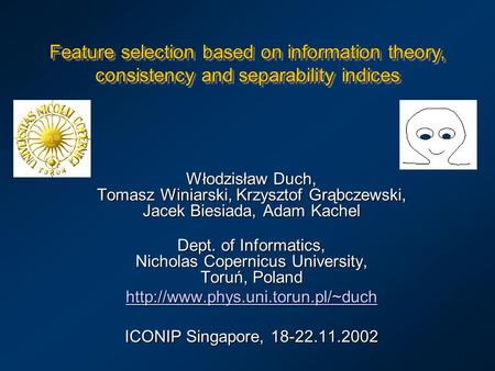 Feature selection based on information theory, consistency and separability indices Włodzisław Duch, Tomasz Winiarski, Krzysztof Grąbczewski, Jacek Biesiada,