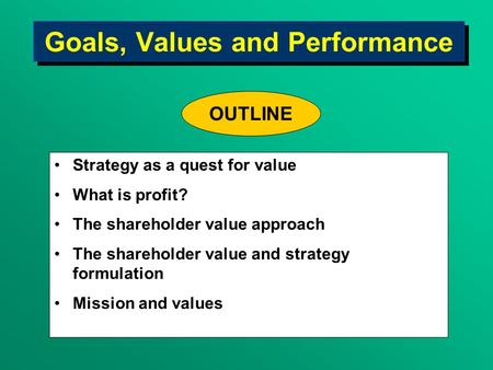 Goals, Values and Performance Strategy as a quest for value What is profit? The shareholder value approach The shareholder value and strategy formulation.