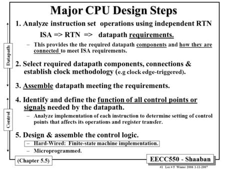 Major CPU Design Steps 1. Analyze instruction set operations using independent RTN ISA => RTN => datapath requirements. This provides the the required.
