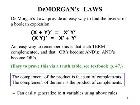 1 D e MORGAN’s LAWS De Morgan’s Laws provide an easy way to find the inverse of a boolean expression: (X + Y)’ = X’ Y’ (X Y)’ = X’ + Y’ An easy way to.