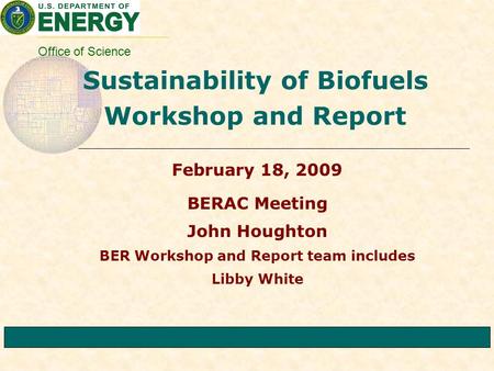 Office of Science Sustainability of Biofuels Workshop and Report February 18, 2009 BERAC Meeting John Houghton BER Workshop and Report team includes Libby.