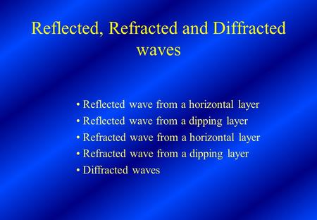 Reflected, Refracted and Diffracted waves Reflected wave from a horizontal layer Reflected wave from a dipping layer Refracted wave from a horizontal layer.