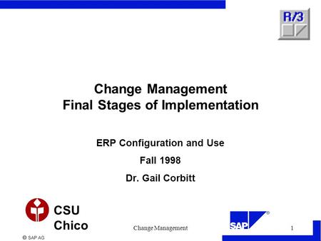  SAP AG CSU Chico Change Management1 Change Management Final Stages of Implementation ERP Configuration and Use Fall 1998 Dr. Gail Corbitt.