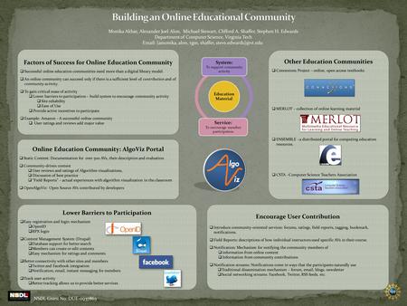 Online Education Community: AlgoViz Portal  Static Content: Documentation for over 500 AVs, their description and evaluation  Community-driven content.