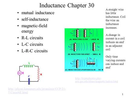 Inductance Chapter 30 mutual inductance self-inductance magnetic-field energy R-L circuits L-C circuits L-R-C circuits 1