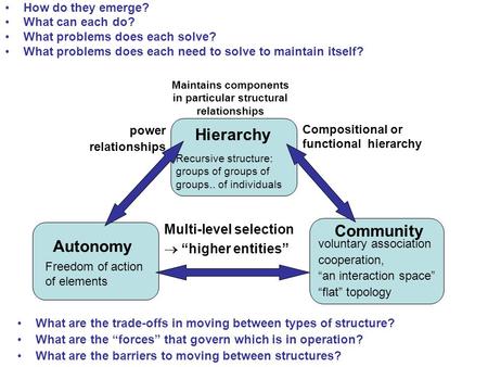 What are the trade-offs in moving between types of structure? What are the “forces” that govern which is in operation? What are the barriers to moving.