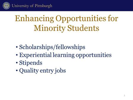 Enhancing Opportunities for Minority Students Scholarships/fellowships Experiential learning opportunities Stipends Quality entry jobs 1.