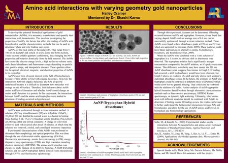 Amino acid interactions with varying geometry gold nanoparticles Hailey Cramer Mentored by Dr. Shashi Karna To develop the potential biomedical applications.