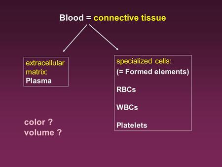 Blood = connective tissue extracellular matrix: Plasma specialized cells: (= Formed elements) RBCs WBCs Platelets color ? volume ?
