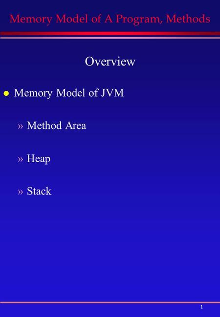 1 Memory Model of A Program, Methods Overview l Memory Model of JVM »Method Area »Heap »Stack.