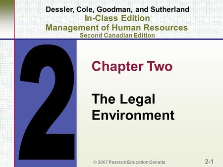 Dessler, Cole, Goodman, and Sutherland In-Class Edition Management of Human Resources Second Canadian Edition Chapter Two The Legal Environment © 2007.