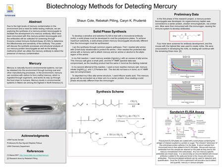 Biotechnology Methods for Detecting Mercury Shaun Cote, Rebekah Pilling, Caryn K. Prudenté Abstract Due to the high levels of mercury contamination in.