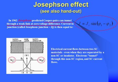 Josephson effect (see also hand-out) In 1962 Josephson predicted Cooper-pairs can tunnel through a weak link at zero voltage difference. Current in junction.