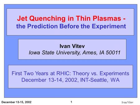 December 13-15, 2002 Ivan Vitev 1 Jet Quenching in Thin Plasmas - the Prediction Before the Experiment Ivan Vitev Iowa State University, Ames, IA 50011.