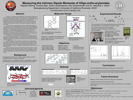 Measuring the Intrinsic Dipole Moments of Oligo-ortho-arylamides Stephen Bishop, Duoduo Bao, Gokul Upadhyayula, Alex Gerasimenko and Dr. Valentine I. Vullev*