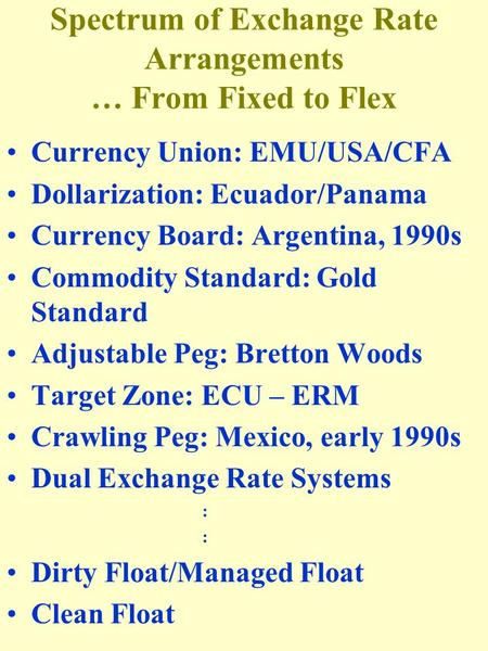 Spectrum of Exchange Rate Arrangements … From Fixed to Flex Currency Union: EMU/USA/CFA Dollarization: Ecuador/Panama Currency Board: Argentina, 1990s.