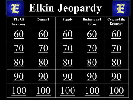 Elkin Jeopardy The US Economy DemandSupplyBusiness and Labor Gov. and the Economy 60 70 80 90 100.