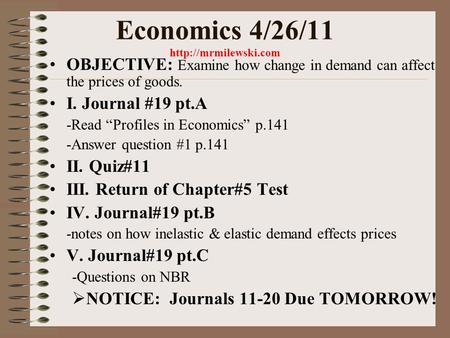Economics 4/26/11  OBJECTIVE: Examine how change in demand can affect the prices of goods. I. Journal #19 pt.A -Read “Profiles in.