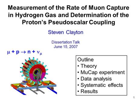 1 Measurement of the Rate of Muon Capture in Hydrogen Gas and Determination of the Proton’s Pseudoscalar Coupling Steven Clayton Dissertation Talk June.