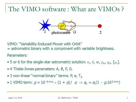 April, 3-5, 2006 J.L. Halbwachs : VIM0 1 The VIMO software : What are VIMOs ? VIMO: “Variability-Induced Mover with Orbit” = astrometric binary with a.