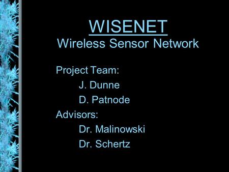 WISENET Wireless Sensor Network Project Team: J. Dunne D. Patnode Advisors: Dr. Malinowski Dr. Schertz.
