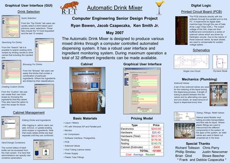Computer Engineering Senior Design Project Ryan Bowen, Jacob Czapeczka, Ken Smith Jr. May 2007 The Automatic Drink Mixer is designed to produce various.