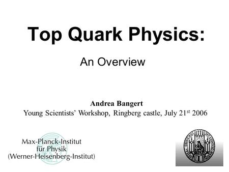 Top Quark Physics: An Overview Young Scientists’ Workshop, Ringberg castle, July 21 st 2006 Andrea Bangert.