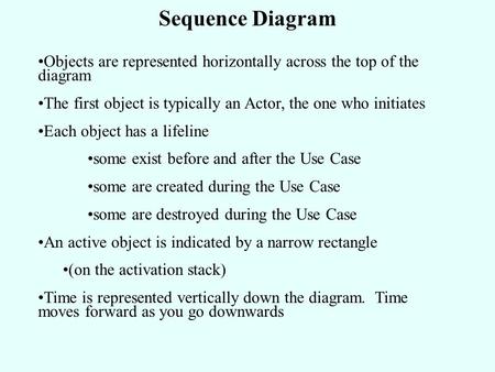 Sequence Diagram Objects are represented horizontally across the top of the diagram The first object is typically an Actor, the one who initiates Each.