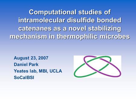 Computational studies of intramolecular disulfide bonded catenanes as a novel stabilizing mechanism in thermophilic microbes August 23, 2007 Daniel Park.
