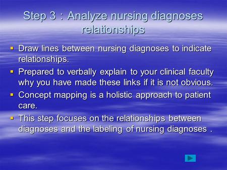 Step 3 ： Analyze nursing diagnoses relationships  Draw lines between nursing diagnoses to indicate relationships.  Prepared to verbally explain to your.