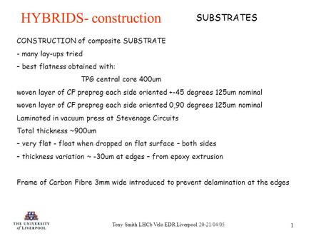 Tony Smith LHCb Velo EDR Liverpool 20-21/04/05 1 HYBRIDS- construction CONSTRUCTION of composite SUBSTRATE - many lay-ups tried – best flatness obtained.