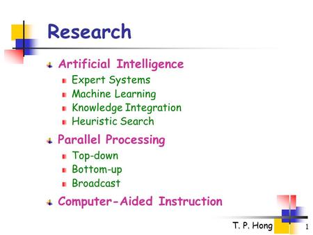 T. P. Hong 1 Research Artificial Intelligence Expert Systems Machine Learning Knowledge Integration Heuristic Search Parallel Processing Top-down Bottom-up.