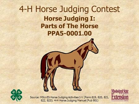 Source: MSU-ES Horse Judging Activities I-V (Form 819, 820, 821, 822, 823); 4-H Horse Judging Manual (Pub 901) 4-H Horse Judging Contest Horse Judging.