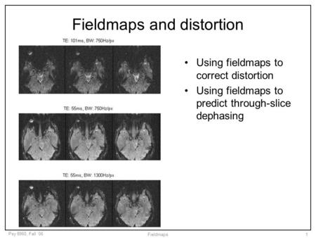 Psy 8960, Fall ‘06 Fieldmaps1 Fieldmaps and distortion Using fieldmaps to correct distortion Using fieldmaps to predict through-slice dephasing.