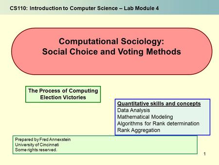 1 The Process of Computing Election Victories Computational Sociology: Social Choice and Voting Methods CS110: Introduction to Computer Science – Lab Module.