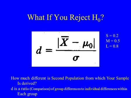 What If You Reject H 0 ? How much different is Second Population from which Your Sample Is derived? d is a rati o (Comparison) of group differences to.