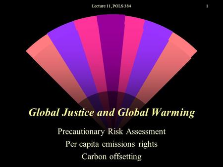 Lecture 11, POLS 3841 Global Justice and Global Warming Precautionary Risk Assessment Per capita emissions rights Carbon offsetting.