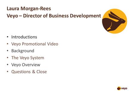 Laura Morgan-Rees Veyo – Director of Business Development Introductions Veyo Promotional Video Background The Veyo System Veyo Overview Questions & Close.