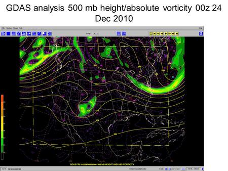 GDAS analysis 500 mb height/absolute vorticity 00z 24 Dec 2010.