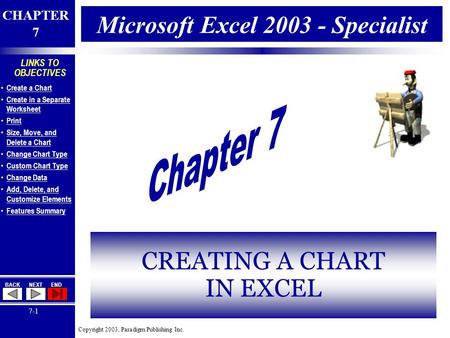 Copyright 2003, Paradigm Publishing Inc. CHAPTER 7 BACKNEXTEND 7-1 LINKS TO OBJECTIVES Create a Chart Create in a Separate Worksheet Create in a Separate.