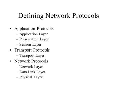 Defining Network Protocols Application Protocols –Application Layer –Presentation Layer –Session Layer Transport Protocols –Transport Layer Network Protocols.