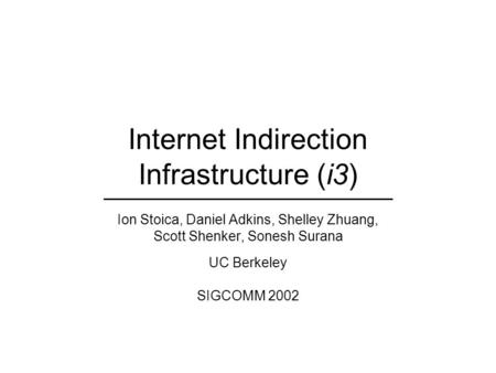 Internet Indirection Infrastructure (i3) Ion Stoica, Daniel Adkins, Shelley Zhuang, Scott Shenker, Sonesh Surana UC Berkeley SIGCOMM 2002.