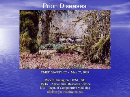 Prion Diseases CMED 526/EPI 526 - May 6 th, 2009 Robert Harrington, DVM, PhD USDA – Agricultural Research Service UW – Dept. of Comparative Medicine