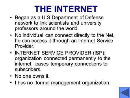 THE INTERNET Began as a U.S Department of Defense network to link scientists and university professors around the world.Began as a U.S Department of Defense.
