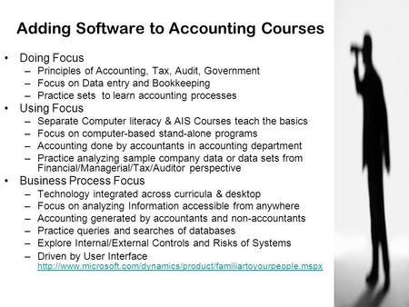 Adding Software to Accounting Courses Doing Focus –Principles of Accounting, Tax, Audit, Government –Focus on Data entry and Bookkeeping –Practice sets.