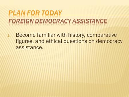 1. Become familiar with history, comparative figures, and ethical questions on democracy assistance.