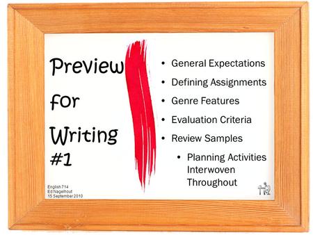 Preview for Writing #1 General Expectations Defining Assignments Genre Features Evaluation Criteria Review Samples Planning Activities Interwoven Throughout.