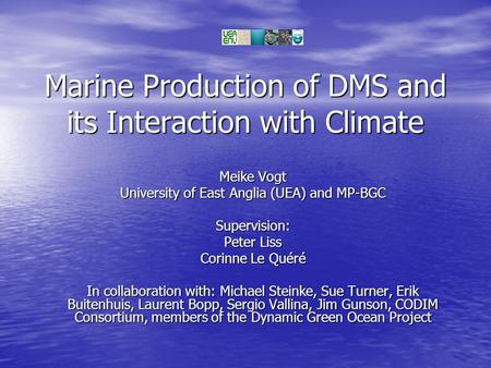 Marine Production of DMS and its Interaction with Climate Meike Vogt University of East Anglia (UEA) and MP-BGC Supervision: Peter Liss Corinne Le Quéré.
