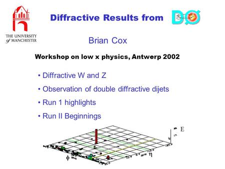 Diffractive Results from Workshop on low x physics, Antwerp 2002 Brian Cox   E Diffractive W and Z Observation of double diffractive dijets Run 1 highlights.